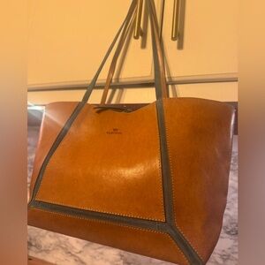 Claudia Firenze Tan Leather Tote with Blue Suede detail